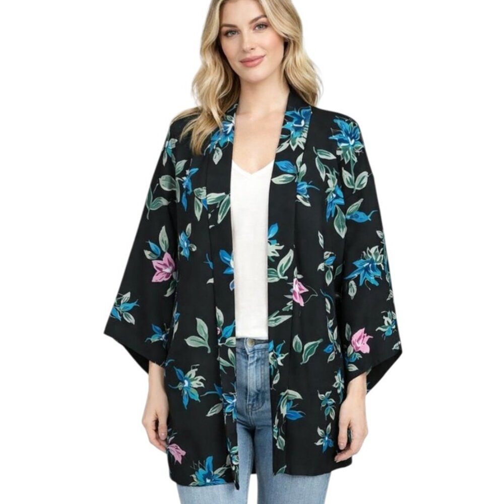 Vintage Haori Kimono Jacket Black Multi Color Floral Print One Size